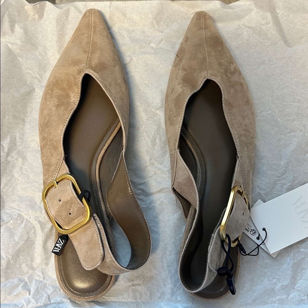 Zara Taupe Suede Slingback Flats with Gold Buckle